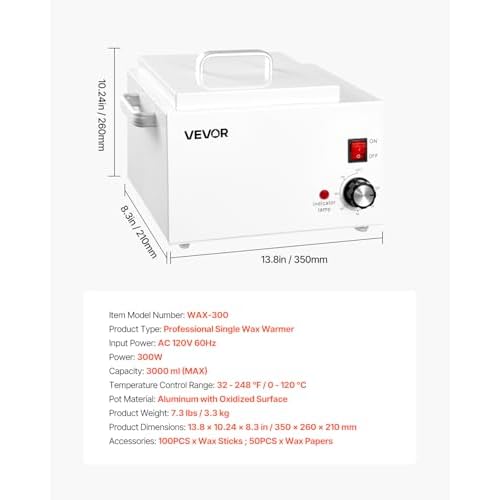 VEVOR Single Wax Warmer, 3000ML 300W Professional Wax Warmer for Hair Removal, 32 ¢µ to 248 ¢µ Adjustable Electric Waxing Heater Pot with 100PCS Sticks & 50PCS Papers for Home Use, Beauty Salon, Spa