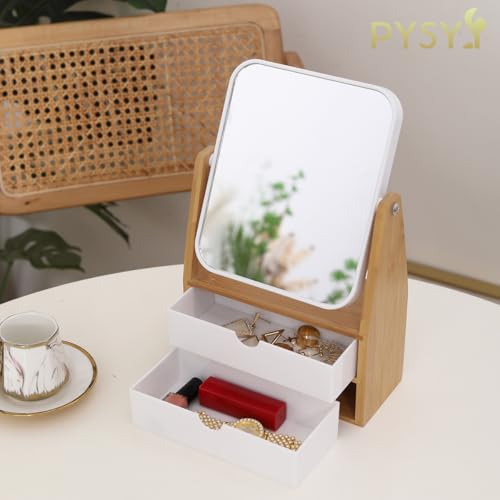1x / 5X Magnifying Makeup Mirror, Jewelry and Cosmetics Storage Box with Double Drawers, Adjustable Natural Bamboo Stand, 360¡Æ rotatable Vertical Desktop Mirror (1, Rectangle)