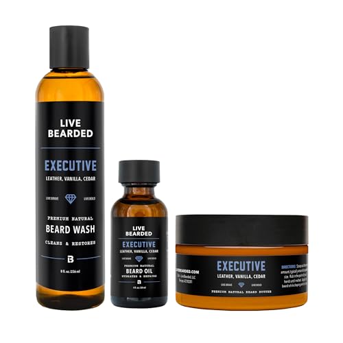 Live Bearded 3-Step Beard Grooming Kit - Wash, Oil and Butter - Made in the USA - All-Natural Ingredients with Shea, Jojoba - Growth Support | Executive Scent - Cedar, Vanilla
