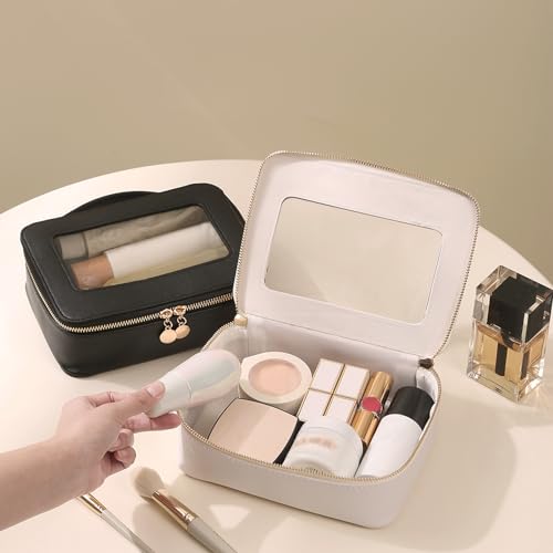 Meiyuuo Clear Makeup Bag Cosmetic Organizer Case with Handle Large Travel Toiletry Bag Zipper Skincare Pouch for Purse Essentials Waterproof Car Bag for Women Off White
