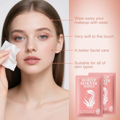 Makeup Remover Wipes Individually Wrapped Facial Cleansing Towelettes Bulk, Disposable Cleanser Makeup Removal Cloths Pads for Oil Dirt Skin Care Removing Mascara Lipstick Travel Hotel Aloes £¨50 Pack)