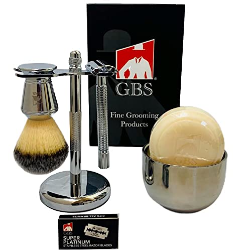 G.B.S Shaving Set, Long Handle Non-slip Knurled Razor Stand Shaving Brush, Shaving Bowl with G.B.S Natural Soap, 5 Blades
