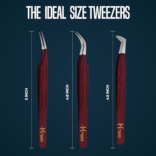 Eyelash Extension Tweezers, KHADMI IMPEX Fiber Tip Lash Tweezers - Set of 3 Eyelash Tweezers - Straight and Curved And Volume Eye Lash Tweezers for Extensions (Maroon)