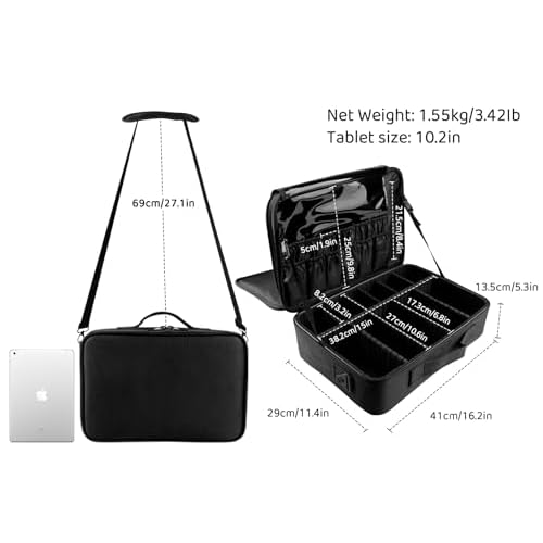 JOURMON Travel Makeup Train Case,Large Capacity Cosmetic Bags for Women,Portable Makeup Bag Organizer with Adjustable Dividers & Shoulder Strap (Black, L)