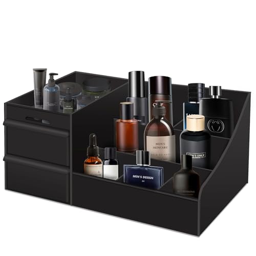 Black Vanity Organizer with Drawers ? Large Mens Countertop Storage Box for Cologne, Skincare, Makeup, Perfume ? Waterproof Dresser Organizer for Bathroom, Bedroom, Desk