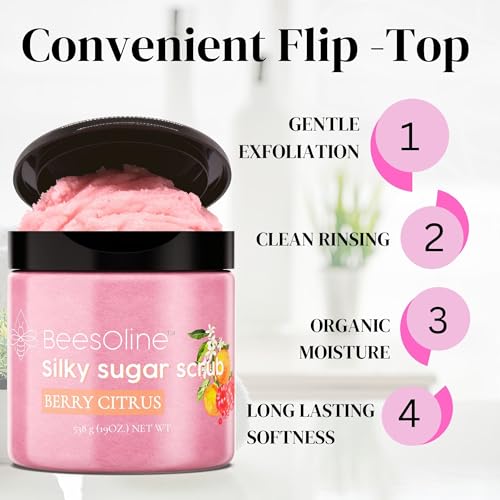 Sugar Scrub by BeesOline - Premium Fine Cane Sugar | Berry Citrus Scented - Extra Large 20oz, Convienent Flip-Top Lid, Organic Sunflower Oil & COCONUT OIL for Smooth Gentle Exfoliation