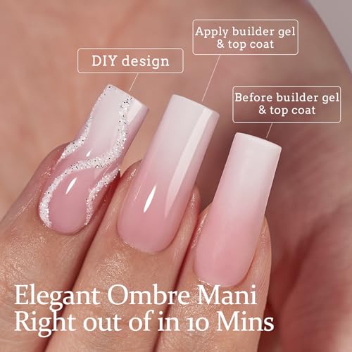 btartboxnails Pink Long Square Ombre Nails XCOATTIPS and Nail Gel Glue, Builder Gel, Top Coat Set