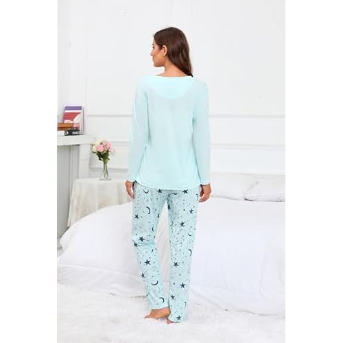 PNAEONG Women's Cotton Long-Sleeve Tops and Full-Length Pajama Set Two-Piece Pjs with Pockets SY008