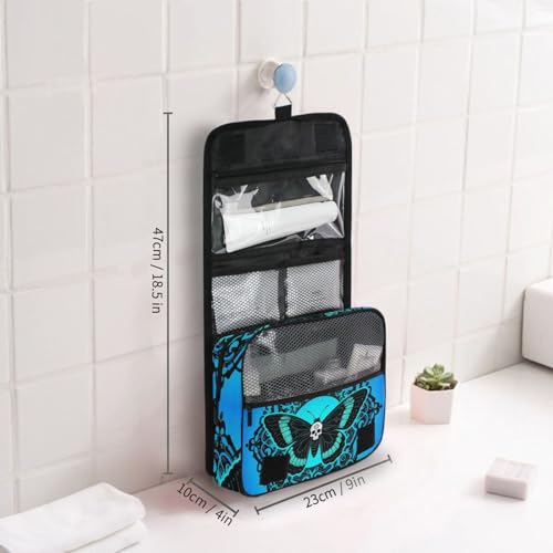 Hanging Toiletry Bag for Women Skull Butterfly Blue Makeup Bag Travel Essentials Toiletries Organizer Bag Gothic Skeleton Map Portable Cosmetic Bag