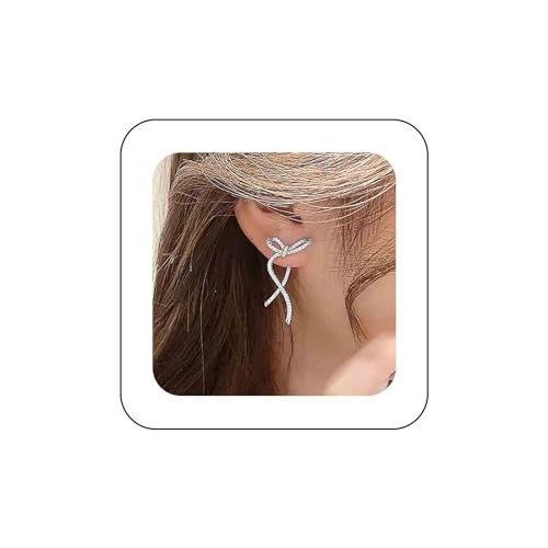 Vintage Crystal Bow Earrings Rhinestone Bow Drop Earrings Long Cz Rhinestone Earrings Gold Bow Cz Stud Earrings Jewelry for Women