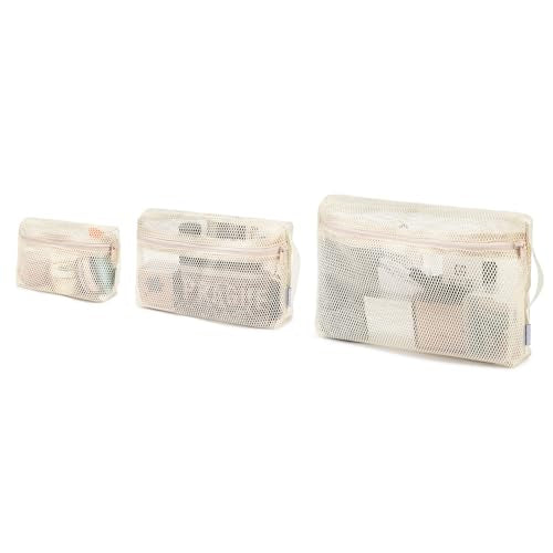 NOL Natural Organic Lifestyle 3-Pack Mesh Travel Toiletry Bags - Clear Zipper Travel Organizer, Airport Carry-On Compliant Reusable Cosmetic Makeup Bag for Women & Men (Cream)