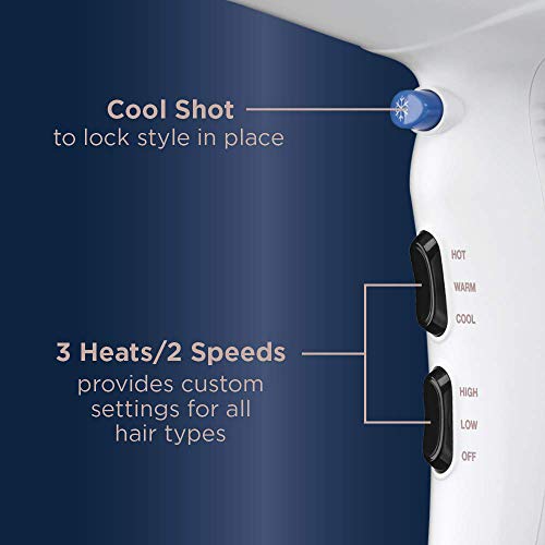 Conair Double Ceramic 1875W Hair Dryer, 3 Heat/ 2 Speed Blow Dryer, Powerful and Fast Drying, Includes Concentrator, Cool Shot Button, Removable Filter, White, Travel hair dryer