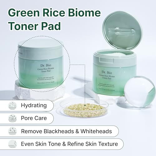 Green Rice Biome Toner Pad (5.54oz/60 Pads) with Probiotic, Exfoliating, Remove Blackheads & Whiteheads, Radiant Skin, Dual-Sided Pad for Sensitive Skin, Fragrance-Free, Vegan Korean Skincare