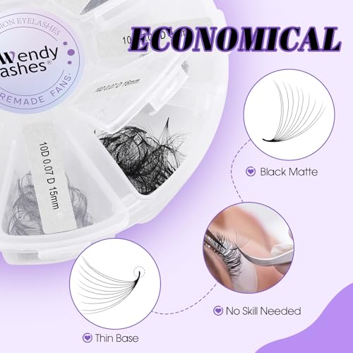 Wendy Lashes Premade Fans, 500PCS Professional Volume Eyelash Extensions,9-16mm Mixed Lengths, D Curl, Black Matte, Thin Base, Easy to Apply, Natural Soft Look