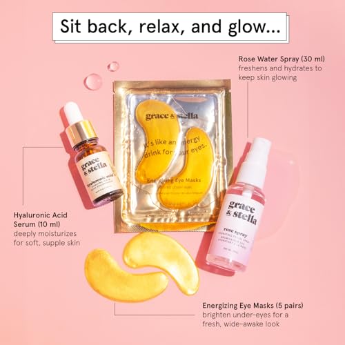 grace & stella Award-Winning Skin Care Set - Gifts for Women - Travel Essentials with Gold Eye Masks, Hyaluronic Acid Serum & Rose Spray, Beauty Gift Set - Birthday & Bachelorette Favors