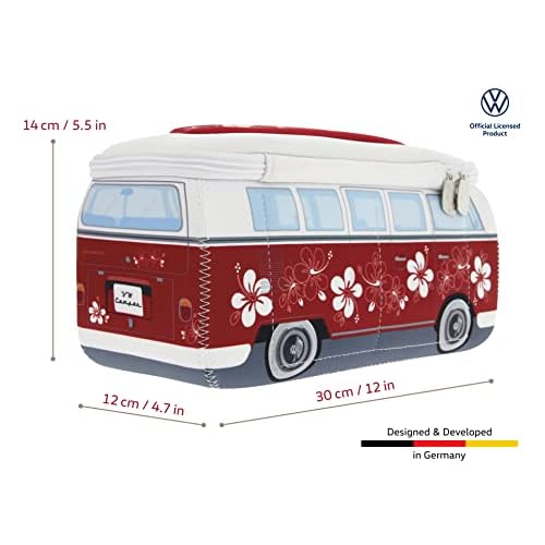 BRISA VW Collection - Volkswagen Neoprene Universal Makeup Cosmetics Toiletry Travel Pharmacy Bag in T1 Bus Design (Hibiscus/Red) (Large (11.8 x 5.5 x 4.7 inches))