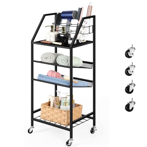 OYEAL 4 Tier Metal Bathroom Cart on Wheels Black Freestanding Bathroom Shelf Organizer with storage shelves Hair Dryer Holder Movable Towel Storage Cart for Liviing Room, Laundry Room, Kitchen