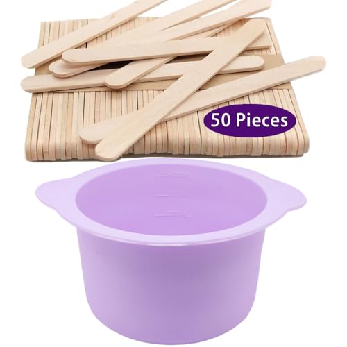 Silicone Wax pot Liner, Silicone Wax Bowl Warmer liner, Non-Stick Melt Pot Replacement, Reusable Melt Liner with 50 Pcs Waxing Sticks Body Hair Removal 14 oz Purple
