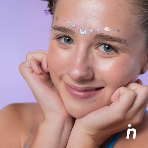 Nipskin Dream Chaser Stick-On Face & Body Art Patches ? Metallic Sky Blue Moons, Clouds & Stars ? Sweat-Proof, Soft on Skin ? 4 Pieces
