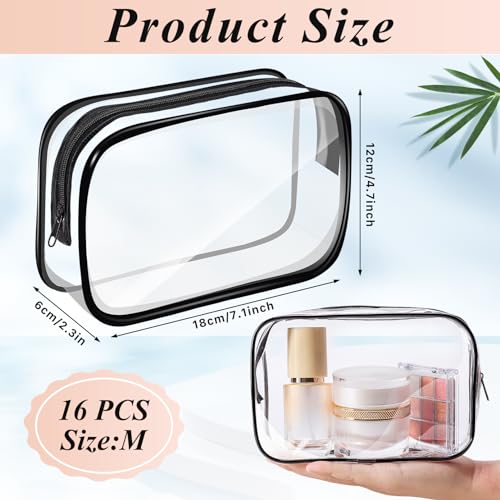 16 PCS Clear Makeup Bags,Clear Toiletry Bags TSA Approved,Waterproof Clear Cosmetic Bags,PVC Travel Bag with Zipper,Portable Transparent Cosmetic Pouches for Women Men Vacation(Black,Medium)