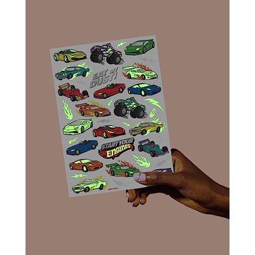 xo, Fetti Cars Glow in Dark Temporary Tattoos - 42 pcs | Monster Truck Birthday Party Supplies, Race Car Favors Decorations
