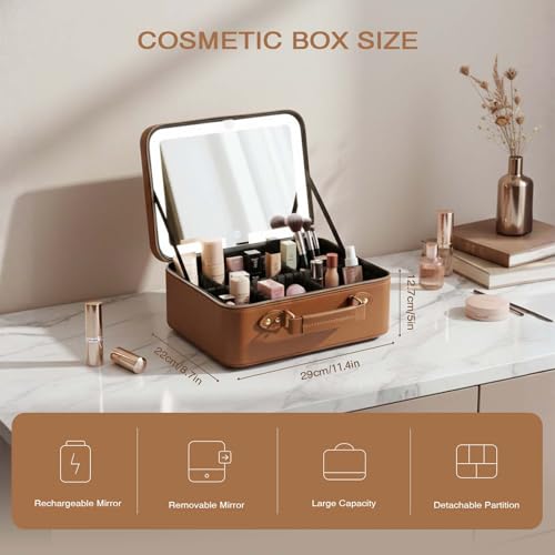 Prite Makeup Bag With LED Mirror 3 Light Modes Adjustable Brightness, Travel Cosmetic Train Case with Adjustable Dividers & Brush Holder, Portable Makeup Artist Organizer Bag for Women(Brown)