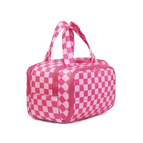 LETGO Travel Toiletry Bag, Spacious Checkered Toiletry Bag for Women,Large Toiletry Bags for Traveling,Lightweight Travel Cosmetic Makeup Bag Organizer for Accessories,Toiletries (Pink Checkered)