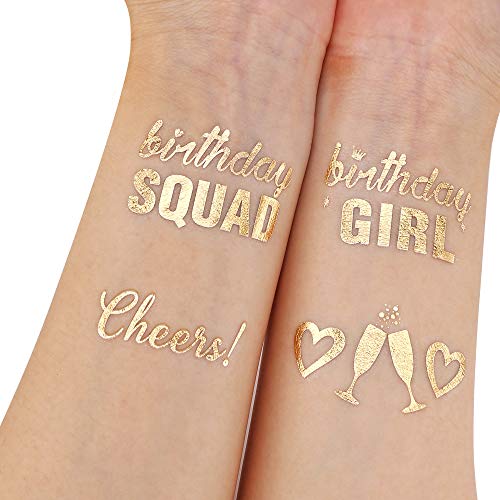 Birthday Tattoos(32Designs),Konsait Metallic Temporary Tattoos for Girls Kids Birthday Party Celebration Accessories-Birthday Girl,Birthday SQUAD,Cheers,Happy Birthday Party Bag Filler Favors Supplies