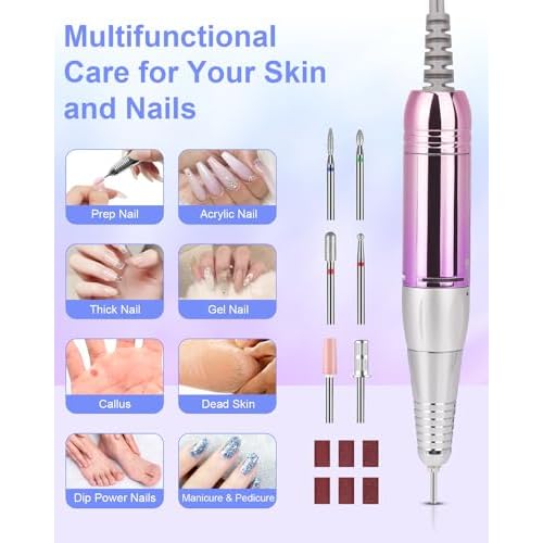 Electric Nail Drill Professional: Rechargeable Nail File with Bits for Acrylic Gel Nails, Professional Nail Drill Manicure Pedicure Polishing Shape Tools for Home Salon (Purple)