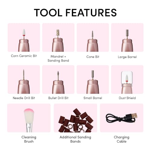 ?clat Cordless Nail Drill Electric File, Professional Efile for Acrylic, Gel, Dip Powder, Portable & Rechargeable Manicure Pedicure Set with LED Light, 7 Drill Bits, Sanding Bands, Brush (Rose Gold)