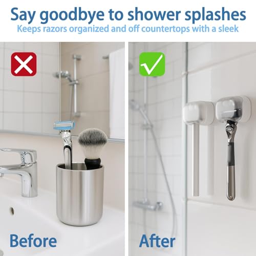 2 Pack Wall Mounted Razor Holder with Cover, Self Adhesive Razor Stand Shaver Organizer for Bathroom, Auto Closing Dust Cover Plastic Razor Organizer for Bathroom