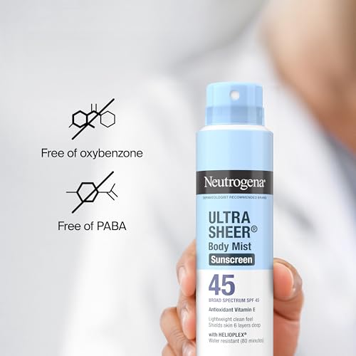 Neutrogena Ultra Sheer Body Mist Sunscreen Spray, Broad Spectrum SPF 45, Lightweight Spray Sunscreen, Non-Greasy & Water Resistant, Oil-Free & Non-Comedogenic UVA/UVB, Twin Pack, 2 x 5 oz