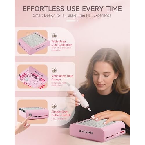 Nail Dust Collector with Brush and 2 Reusable Filters, 60W Vacuum Dust Fan for Acrylic Nails (pink)