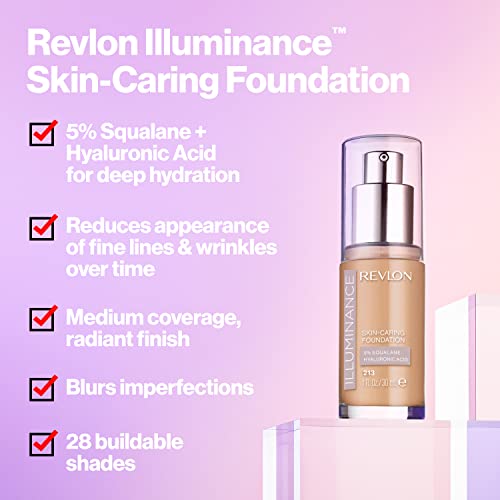 Revlon Illuminance Skin-Caring Liquid Foundation, Hyaluronic Acid, Hydrating and Nourishing Formula with Medium Coverage, 401 Light Coffee, 1 fl oz