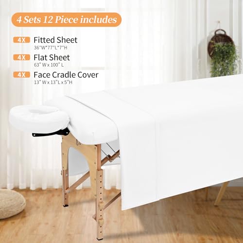 4 Set Microfiber Massage Table Sheets,Each Set 3 Piece Include Massage Table Cover,Fitted Sheet and Face Rest Cover,Fits Standard Massage Table Sheets for Salon Spa Massage Studios-White