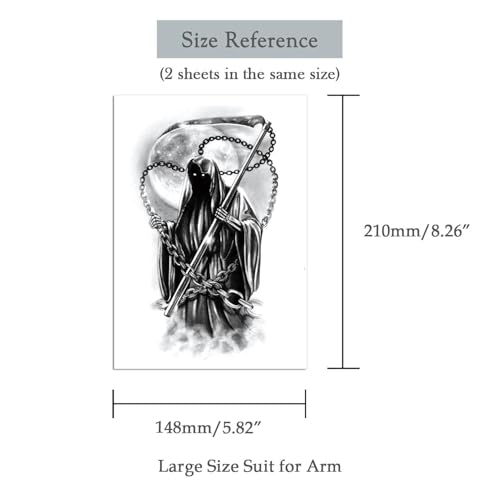 2 Sheets Arm Leg Waterproof Fake Temporary Tattoos Sticker Old School Grim Reaper Death