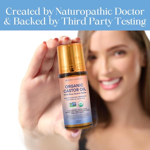 QUEEN OF THE THRONES¢ç Organic Golden Castor Oil Roll-On with Rose Quartz | 100% Pure for Skin, Brows & Lashes and less mess Castor Oil Packs | Hexane-Free | USDA Certified | Cold-Pressed 1.7oz (50mL)