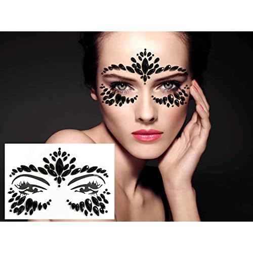Mermaid Face Jewels - 4-Sheet Black Festival Sticker, Body Rhinestone Gems Rave Rainbow Face Crystals for Halloween, Music Carnival Festival Party Makeup