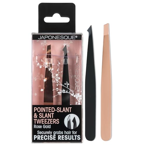 JAPONESQUE Pointed-Slant & Slant Tweezers, 2 Pack for Eyebrow Grooming, Facial Hair Removal, Rose Gold and Black, Stainless Steel
