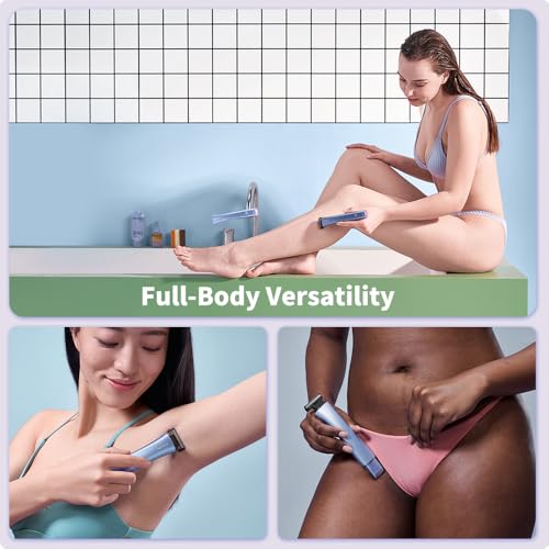 Bikini Trimmer for Women, 2-in-1 Painless Electric Razor with Dual Heads, IPX7 Waterproof Cordless Body & Facial Shaver for Pubic Hair, Underarms, Legs & Face, Wet & Dry (Blue)