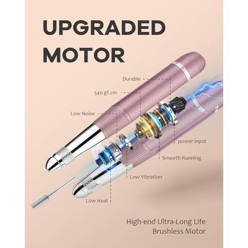 45000 RPM Nail Drill - Brushless Cordless Efile LCD Display & Heat Reduction Tech for Acrylic Gel Nails (White)