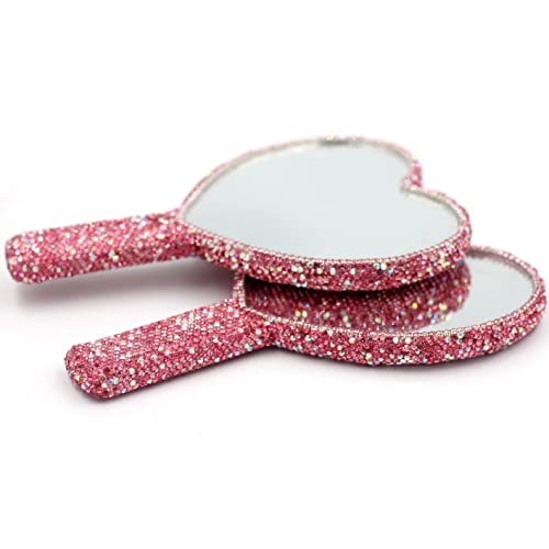 Bling Rhinestone Heart Handheld Mirror - Portable & Dazzling Makeup Mirror for On-The-Go Touch-ups (Plastic Pink)
