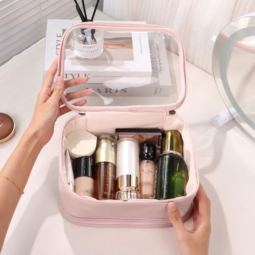 Pocmimut Clear Makeup Bags,Small Makeup Pouch with Large Cosmetic Bag Toiletry Bag Car Accessories Storage for Women Men,Travel Essentials Organizers,Pink