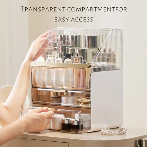 JOYMOOP Makeup Organizer with Transparent Cover, Skincare, Lipstick and Perfume Storage, Cosmetic Organizer, Makeup Box for Bathroom Countertop or Vanity Desk, White & Gold