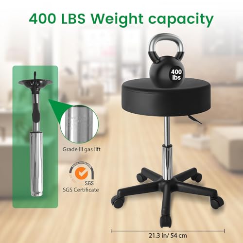 Hydraulic Adjustable Rolling Stool with Wheels, 360¡Æ Swivel Office Chair, 400LBS - for Salon, Tattoo, Barber, Massage, PU Leather, Easy-Clean, Whisper-Quiet Casters, Black