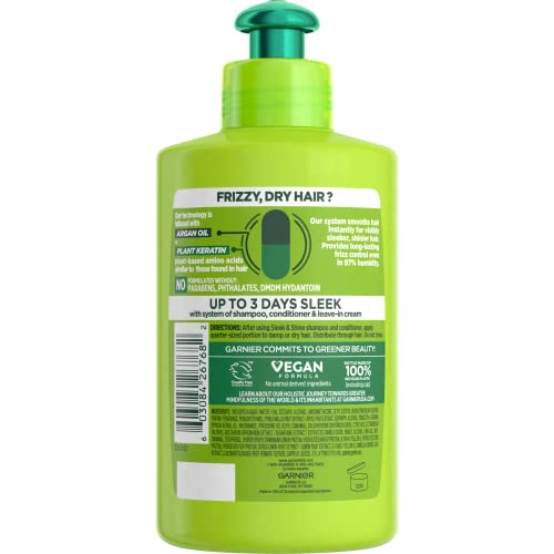 Garnier Fructis Sleek & Shine Leave-In Conditioning Cream for Frizzy, Dry Hair, Plant Keratin + Argan Oil, 10.2 Fl Oz, 1 Count (Packaging May Vary) (Pack of 2)