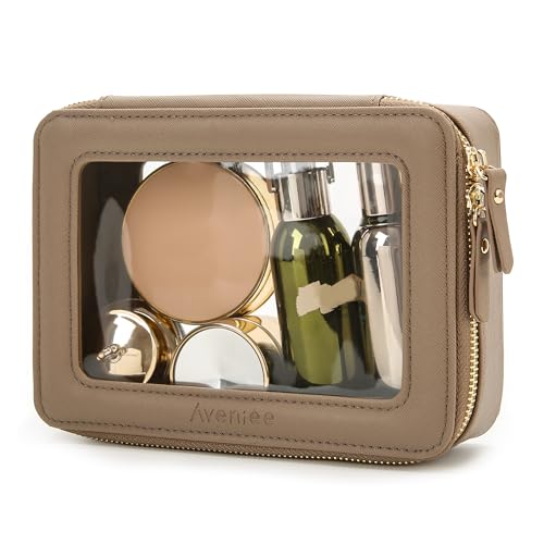 Aveniee Clear Makeup Bag for Women, Small Toiletry Travel Bag with Zipper, Portable Cosmetic Organizer Pouch for Skincare, Car Organizer Storage Bag for Essentials, Mocha Brown,Medium Classic