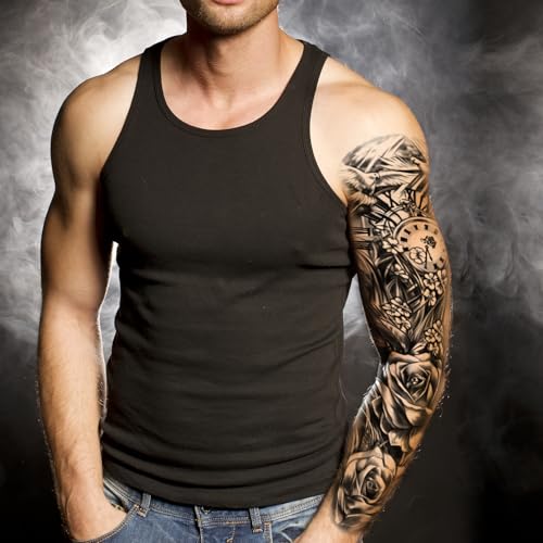 6 Sheets Large Flower Temporary Tattoo Sleeves for Women, Realistic Clock and Rose Design, Fake Sleeve Tattoos for Cosplay, Halloween, and Festivals