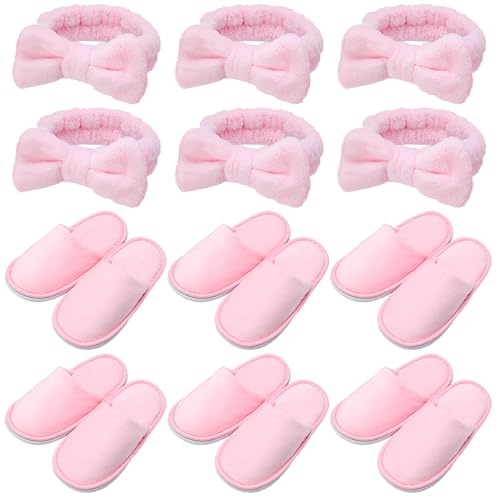 12 Pcs Girls Spa Party Supplies for Kids Gifts Sleepover Party Supplies Include 6 Closed Toe Kids Disposable Slippers 6 Bow Spa Headbands for Makeup Slumber Favors Birthday