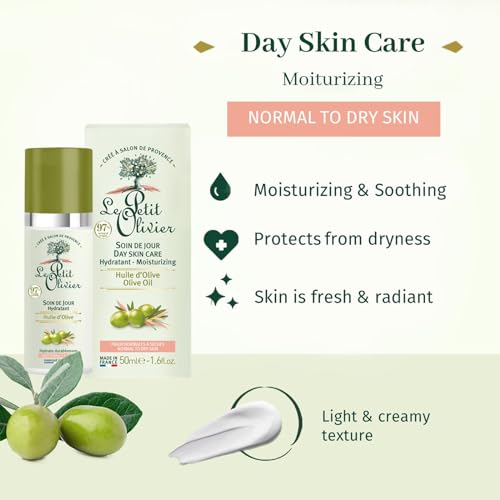 Le Petit Olivier Moisturizing Day Skin Care - Enriched with Olive Oil - Soothes and Hydrates Skin - Made with Natural Origin Ingredients - Silicone Free - Normal to Dry Skin - 1.6 oz Moisturizer